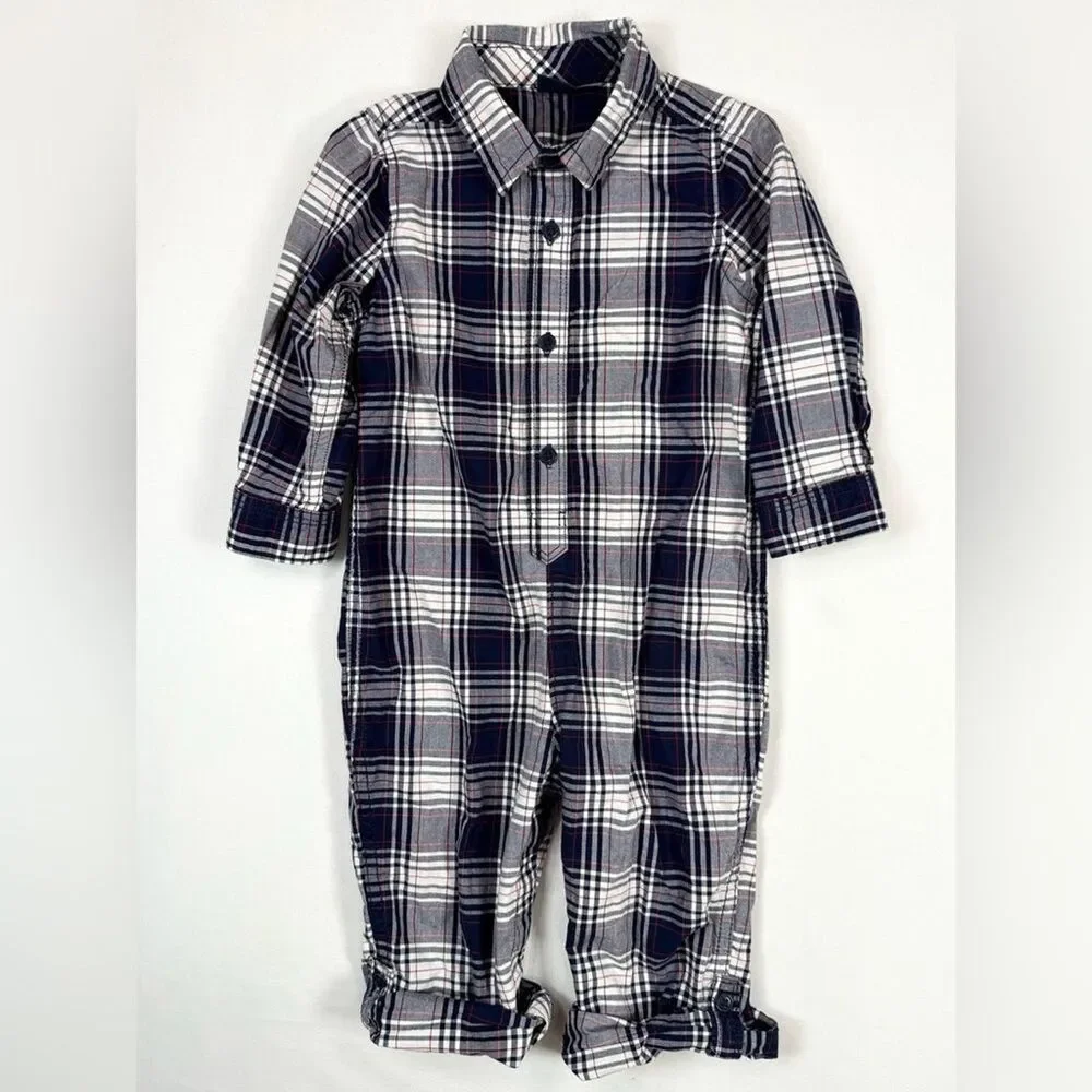 BABYGAP Baby Boys' Navy Blue Plaid Flannel Long Sleeve One Piece Size 18-24M
